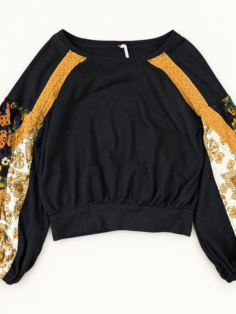 Free People Boho Patchwork Balloon Sleeve Black Cropped Crochet Shirt XS Fall